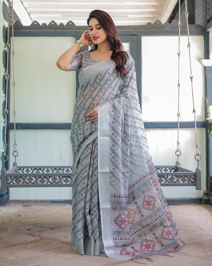 Grey Pastel Geometric & Floral Print Pure Cotton Linen Saree with Blouse and Tassels