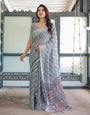 Grey Pastel Geometric & Floral Print Pure Cotton Linen Saree with Blouse and Tassels