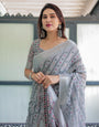 Grey Pastel Geometric & Floral Print Pure Cotton Linen Saree with Blouse and Tassels