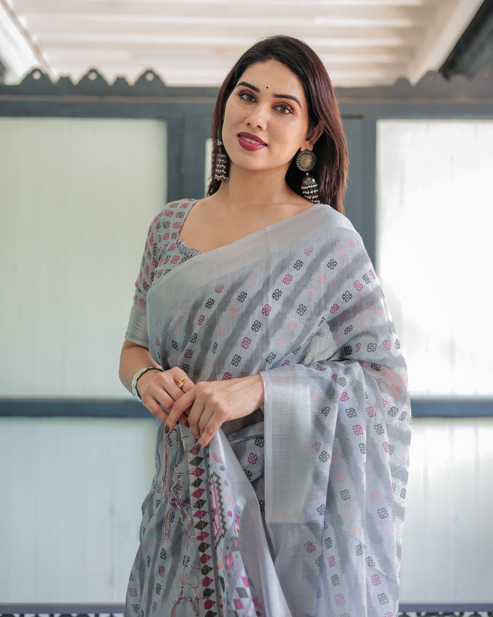 Grey Pastel Geometric & Floral Print Pure Cotton Linen Saree with Blouse and Tassels