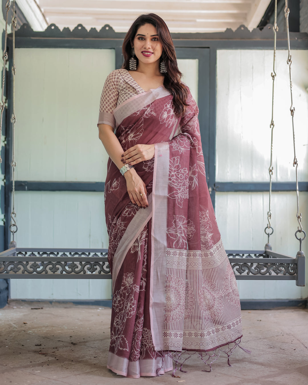 Maroon Floral Printed Pure Cotton Linen Saree with Blouse and Tassels