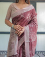 Maroon Floral Printed Pure Cotton Linen Saree with Blouse and Tassels