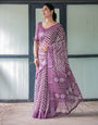 Purple and White Zigzag Patterned Pure Cotton Linen Saree with Blouse and Tassel Edges