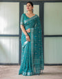 Teal Green Pure Cotton Linen Saree with Silver Floral Motifs and Tassels