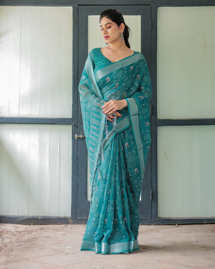 Teal Green Pure Cotton Linen Saree with Silver Floral Motifs and Tassels