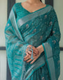 Teal Green Pure Cotton Linen Saree with Silver Floral Motifs and Tassels