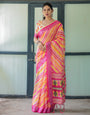 Vibrant Yellow and Pink Ikat Printed Cotton Linen Saree with Blouse and Tassels