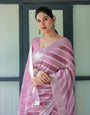 Purple Chevron Print Pure Cotton Linen Saree with Blouse and Tassels