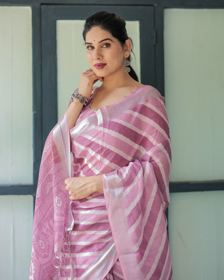 Purple Chevron Print Pure Cotton Linen Saree with Blouse and Tassels