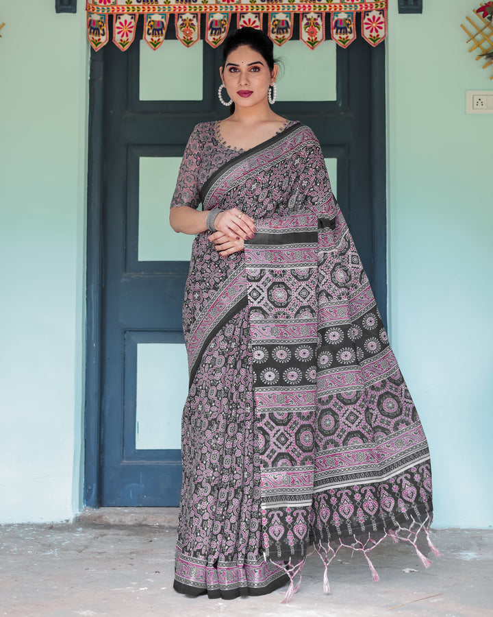 Black Pure Cotton Linen Saree with Pink Striped Pallu and Tassel Accents