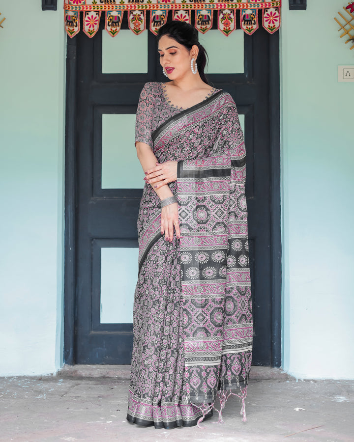 Black Pure Cotton Linen Saree with Pink Striped Pallu and Tassel Accents