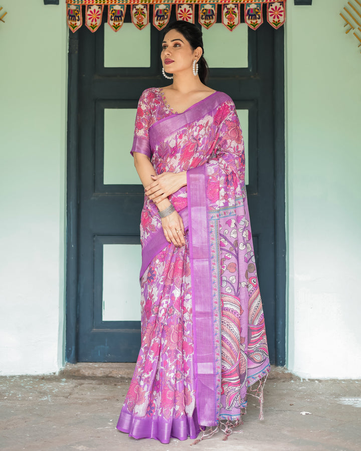 Purple and Pink Floral Printed Pure Cotton Linen Saree with Blouse and Tassels