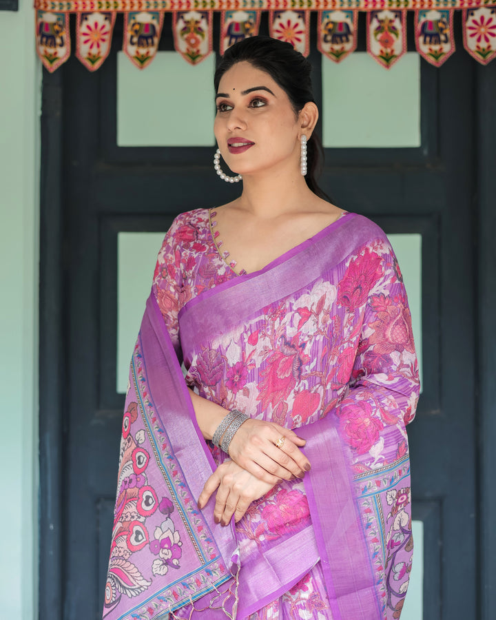 Purple and Pink Floral Printed Pure Cotton Linen Saree with Blouse and Tassels