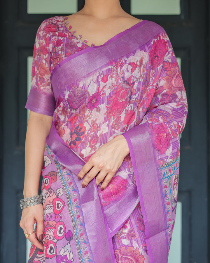 Purple and Pink Floral Printed Pure Cotton Linen Saree with Blouse and Tassels