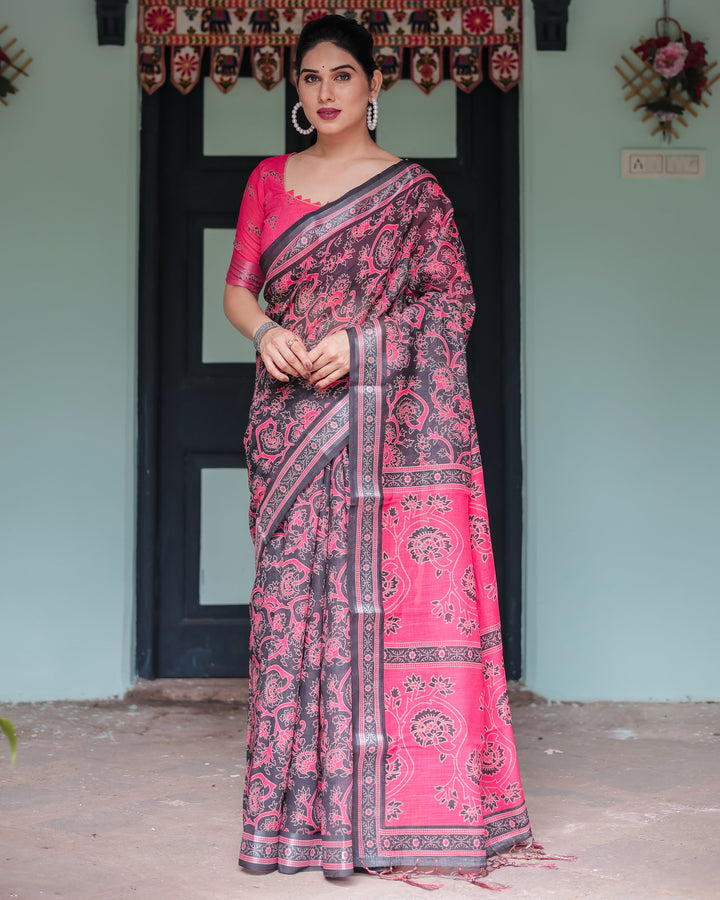 Pure Cotton Linen Saree in Black and Pink with Floral Print and Tassels