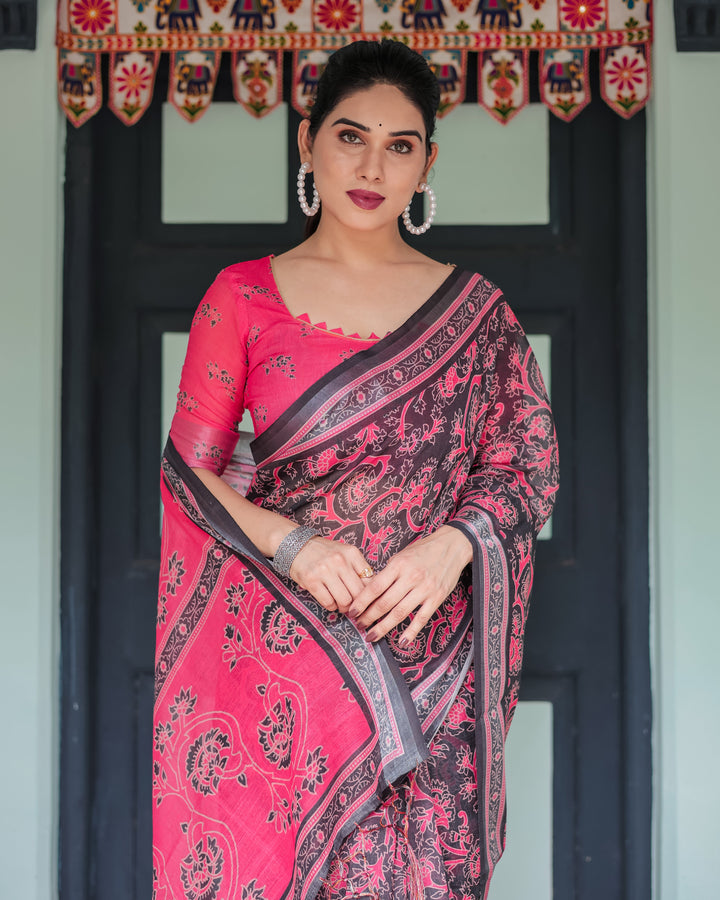 Pure Cotton Linen Saree in Black and Pink with Floral Print and Tassels