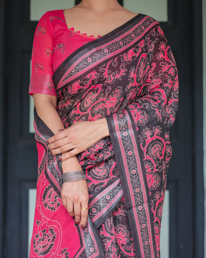 Pure Cotton Linen Saree in Black and Pink with Floral Print and Tassels