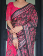 Pure Cotton Linen Saree in Black and Pink with Floral Print and Tassels