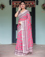 Pink and Beige Floral Printed Pure Cotton Linen Saree with Striped Blouse and Tassels on Edges