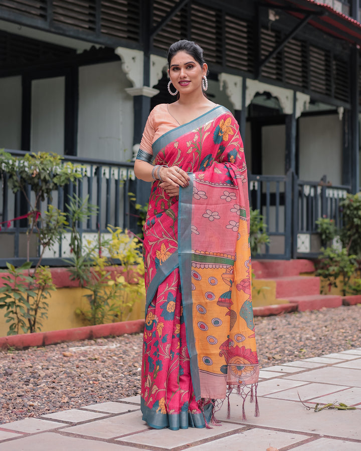 Pink and Orange Pure Cotton Linen Saree with Floral Kalamkari Print, Blue Border, and Tassels