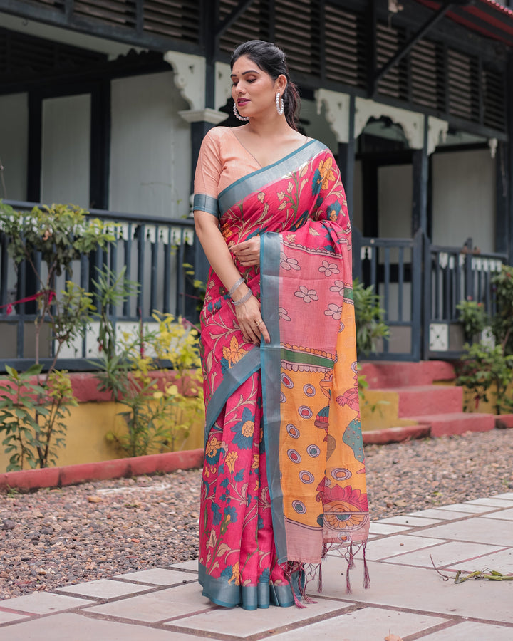 Pink and Orange Pure Cotton Linen Saree with Floral Kalamkari Print, Blue Border, and Tassels