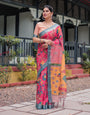 Pink and Orange Pure Cotton Linen Saree with Floral Kalamkari Print, Blue Border, and Tassels