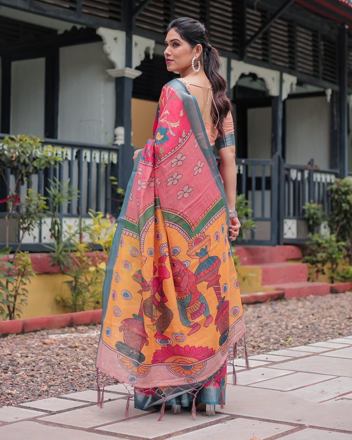 Pink and Orange Pure Cotton Linen Saree with Floral Kalamkari Print, Blue Border, and Tassels