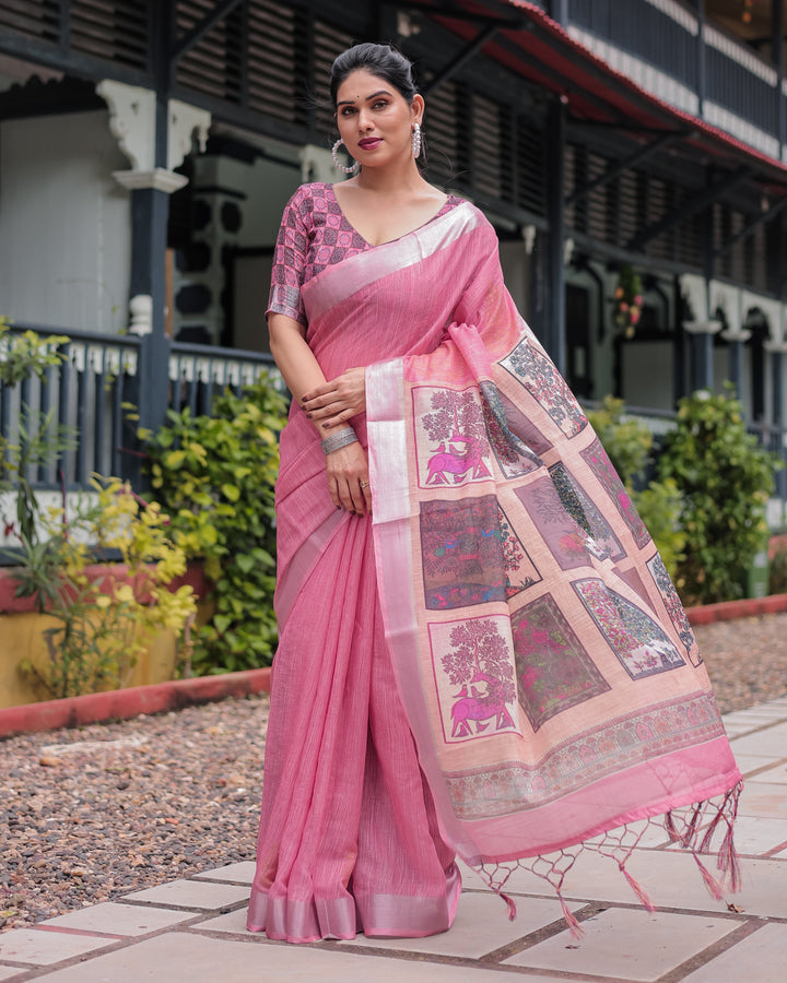 Pink Pure Cotton Linen Saree with Floral and Nature Print, Silver Border & Tassels