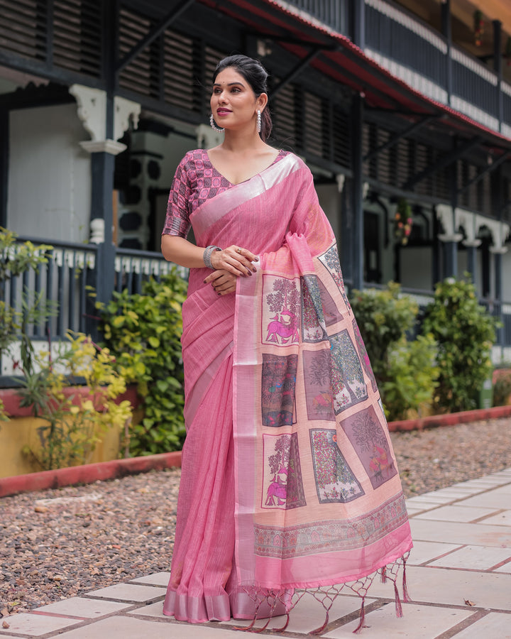 Pink Pure Cotton Linen Saree with Floral and Nature Print, Silver Border & Tassels