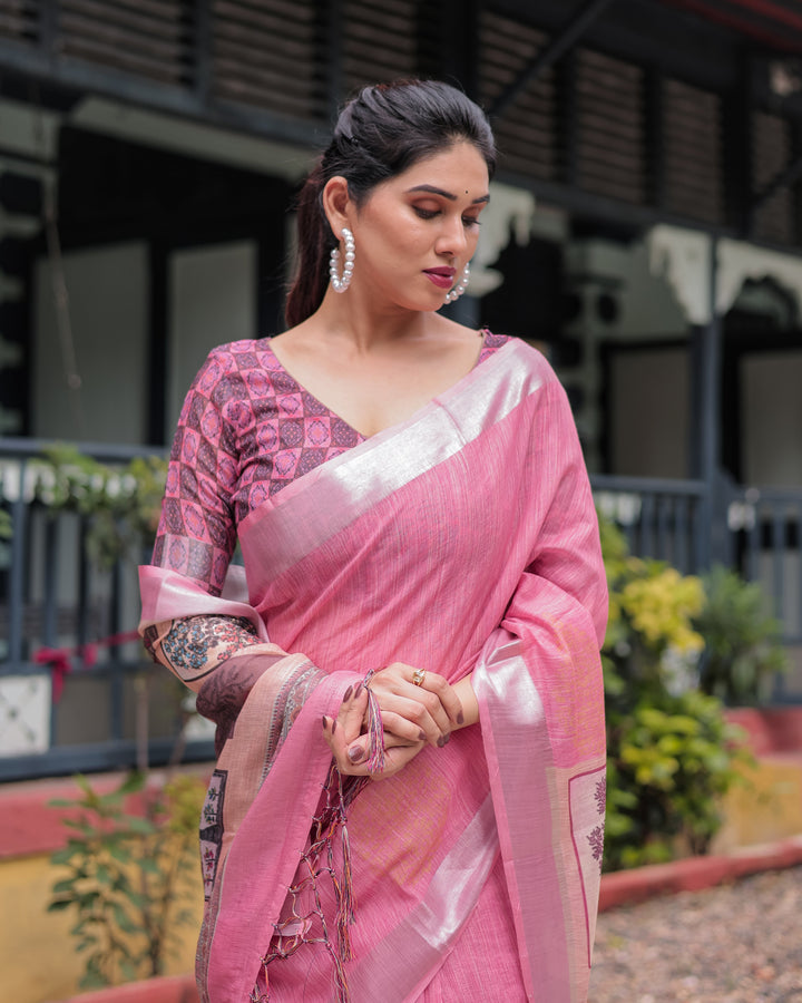 Pink Pure Cotton Linen Saree with Floral and Nature Print, Silver Border & Tassels