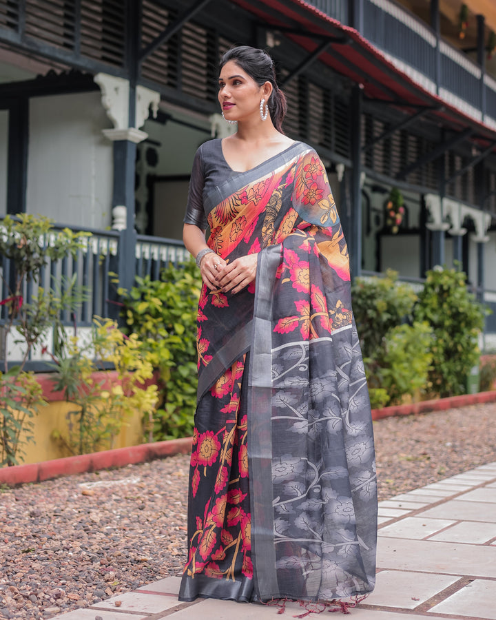 Multicolor Floral Design Pure Cotton Linen Saree with Blouse and Tassels