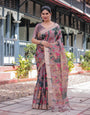 Pastel Peach Kalamkari Design Pure Cotton Linen Saree with Blouse and Tassels