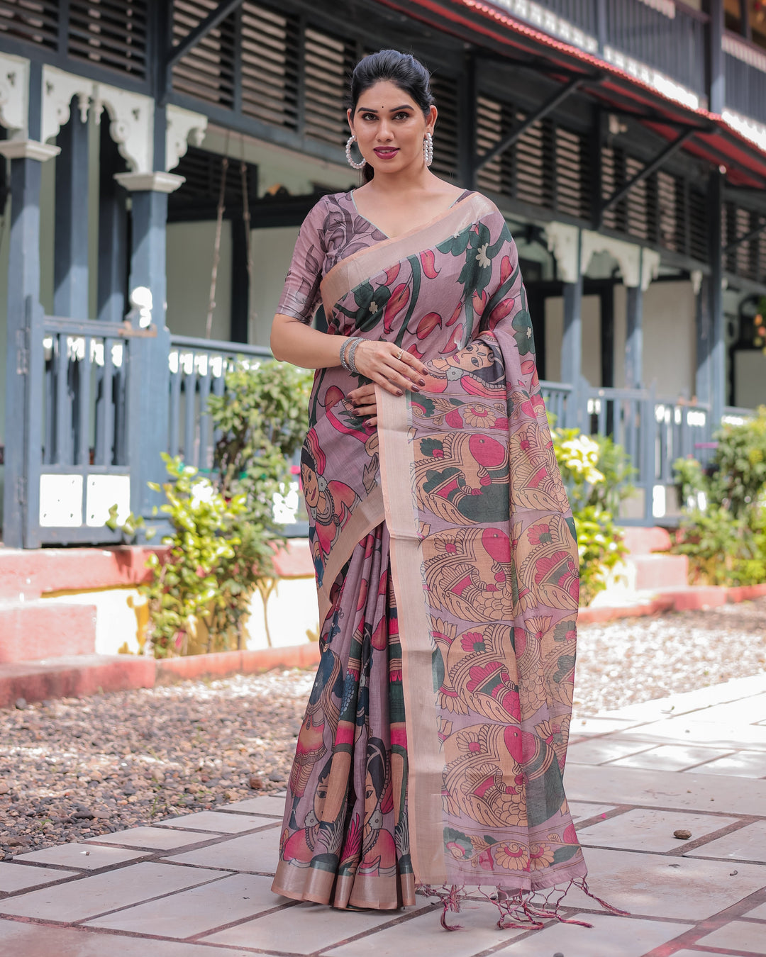 Pastel Peach Kalamkari Design Pure Cotton Linen Saree with Blouse and Tassels