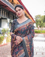 Charcoal Gray Floral Design Pure Cotton Linen Saree with Blouse and Tassels