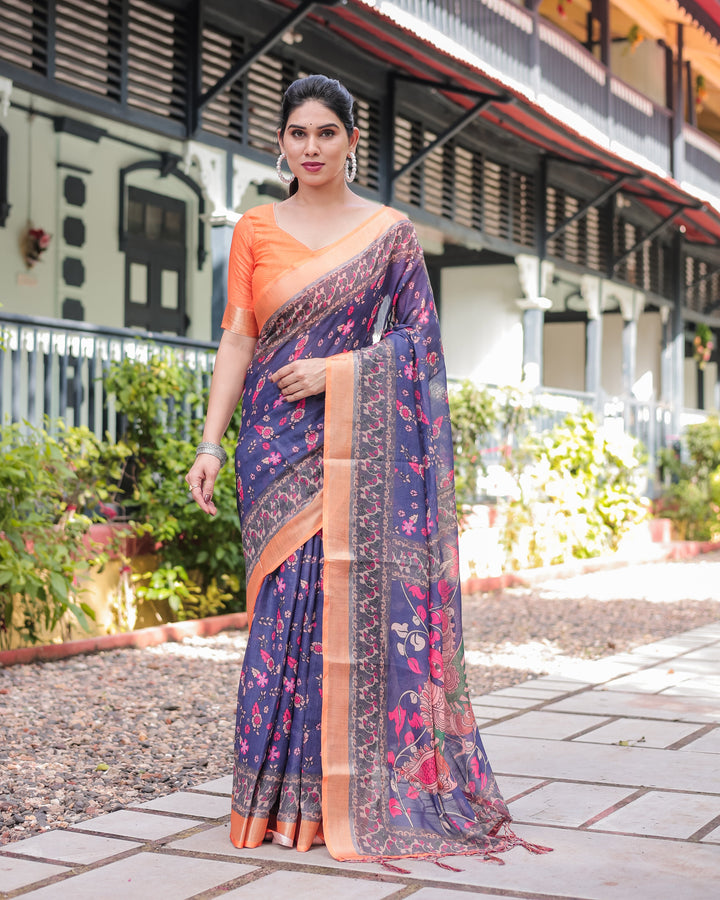 Indigo Blue Floral Print Pure Cotton Linen Saree with Orange Border and Tassels