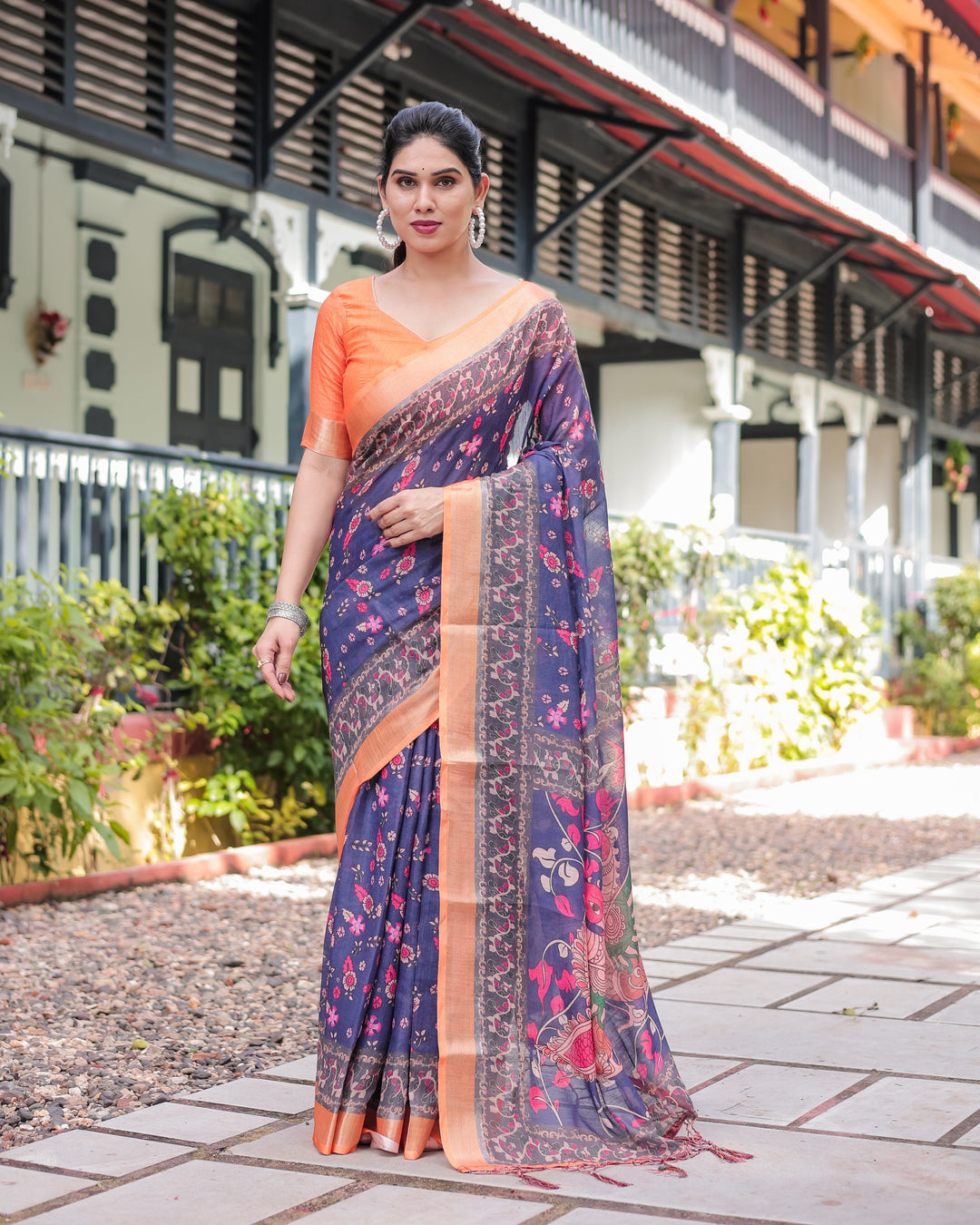 Indigo Blue Floral Print Pure Cotton Linen Saree with Orange Border and Tassels