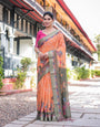 Orange and Olive Green Kalamkari Design Pure Cotton Linen Saree with Blouse and Tassels