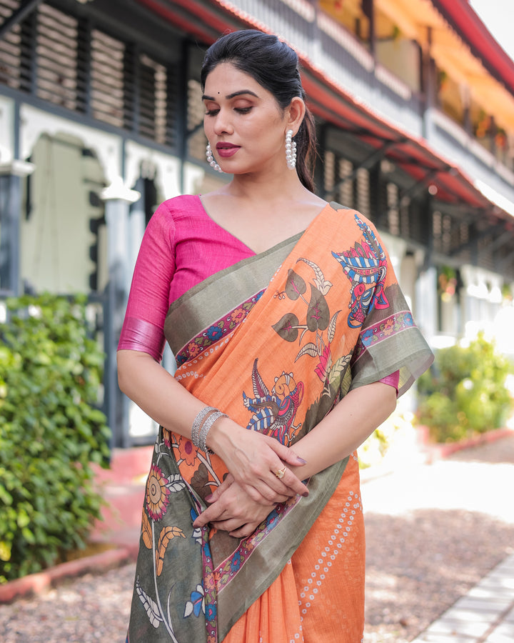 Orange and Olive Green Kalamkari Design Pure Cotton Linen Saree with Blouse and Tassels