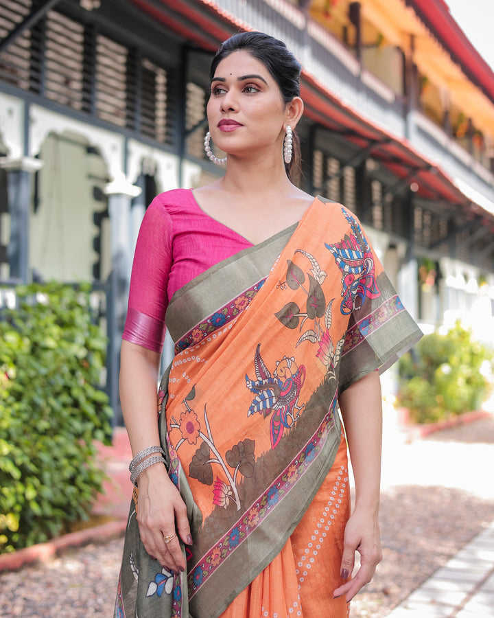 Orange and Olive Green Kalamkari Design Pure Cotton Linen Saree with Blouse and Tassels