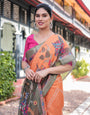 Orange and Olive Green Kalamkari Design Pure Cotton Linen Saree with Blouse and Tassels