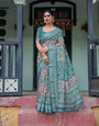 Teal Green Floral Printed Pure Cotton Linen Saree with Blouse and Tassels on Edges