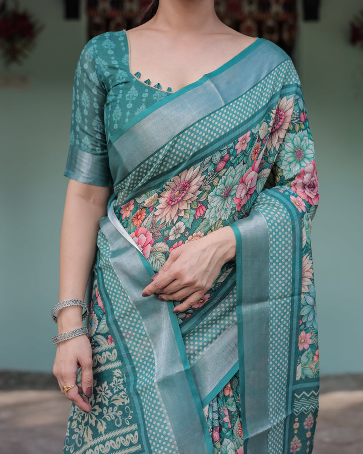 Teal Green Floral Printed Pure Cotton Linen Saree with Blouse and Tassels on Edges