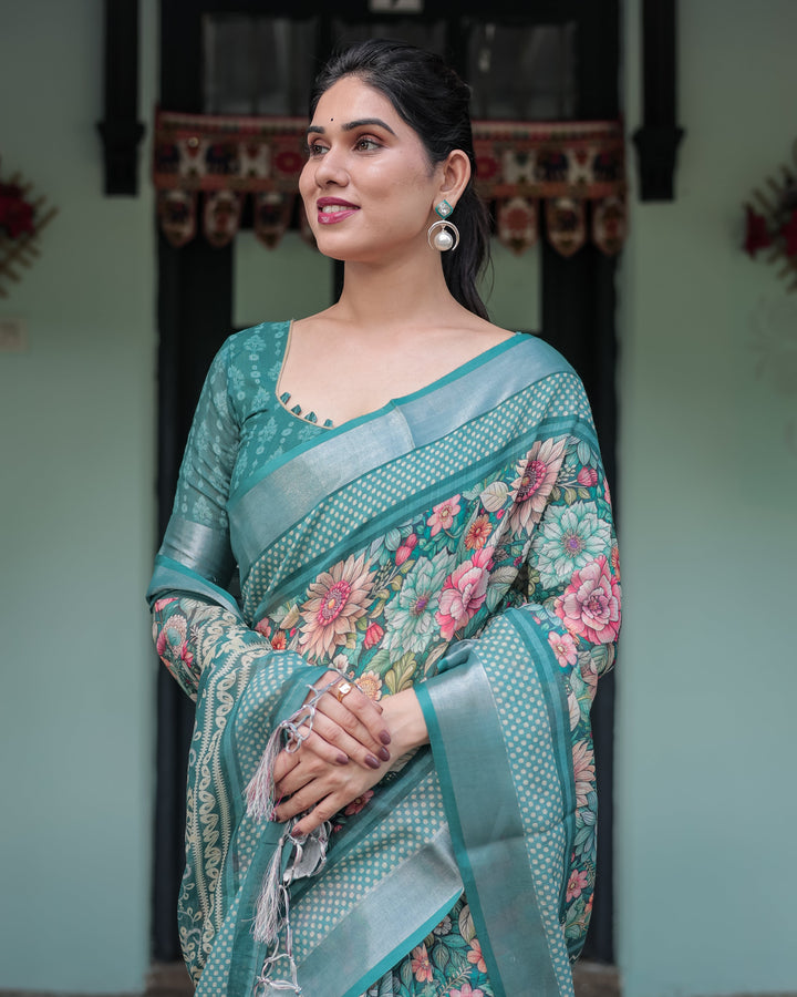 Teal Green Floral Printed Pure Cotton Linen Saree with Blouse and Tassels on Edges