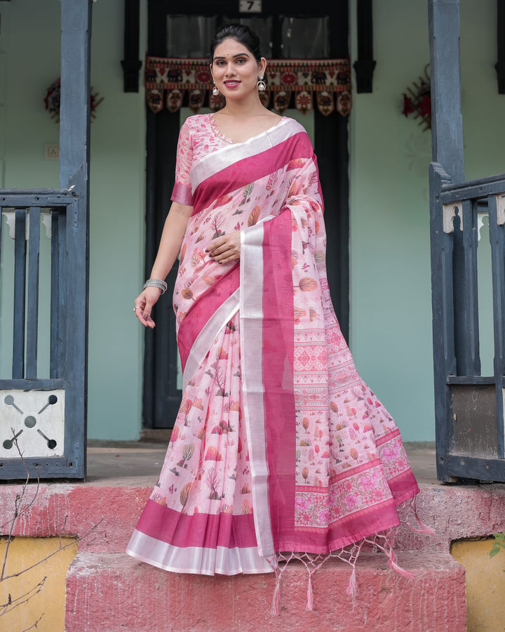 Soft Pink and Magenta Floral & Foliage Print Cotton Linen Saree with Blouse and Tassel Finish