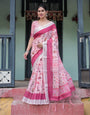 Soft Pink and Magenta Floral & Foliage Print Cotton Linen Saree with Blouse and Tassel Finish