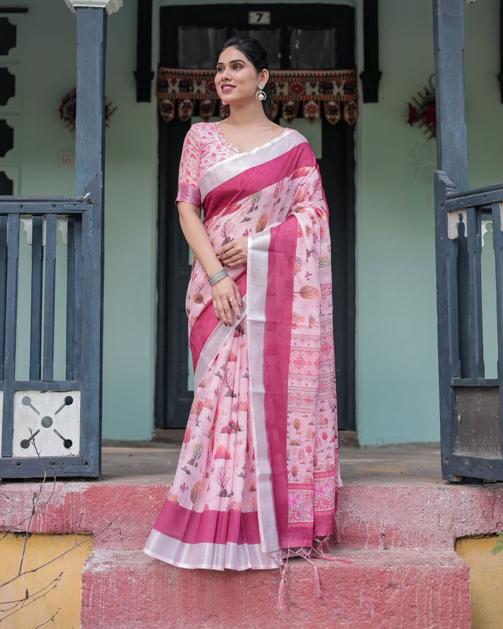 Soft Pink and Magenta Floral & Foliage Print Cotton Linen Saree with Blouse and Tassel Finish