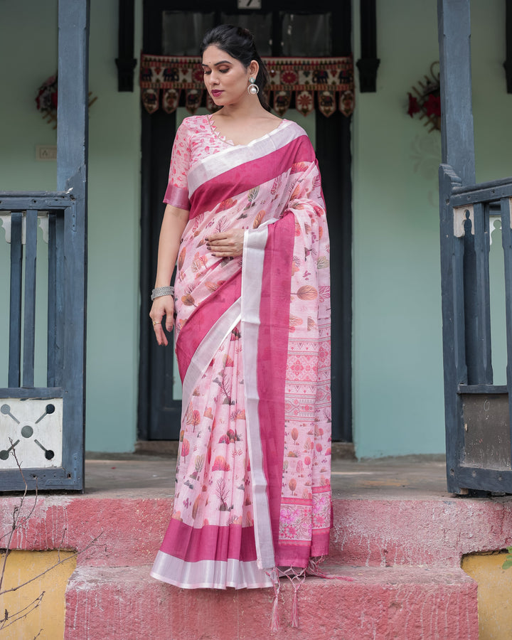 Soft Pink and Magenta Floral & Foliage Print Cotton Linen Saree with Blouse and Tassel Finish