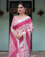 Soft Pink and Magenta Floral & Foliage Print Cotton Linen Saree with Blouse and Tassel Finish