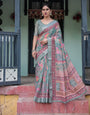 Pink and Maroon Pure Cotton Linen Saree with Blouse and Tassels - Floral Design with Leaf Patterns