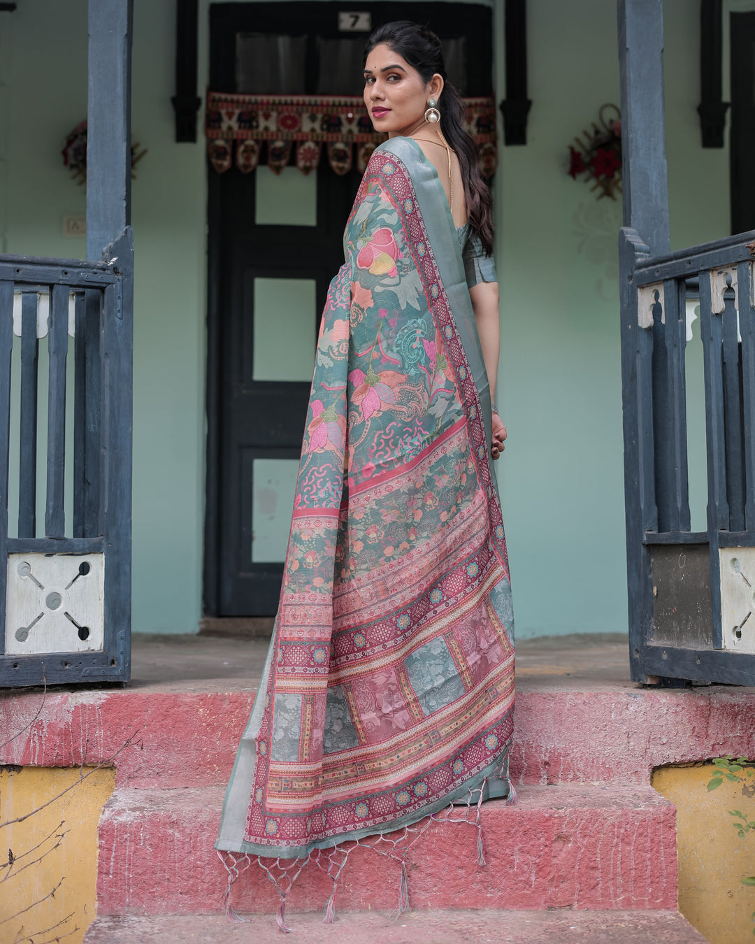 Pink and Maroon Pure Cotton Linen Saree with Blouse and Tassels - Floral Design with Leaf Patterns